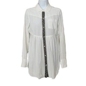 Free People White SeerSucker Blouse Sz 8 Button Tunic Top Floral Trim L/S White